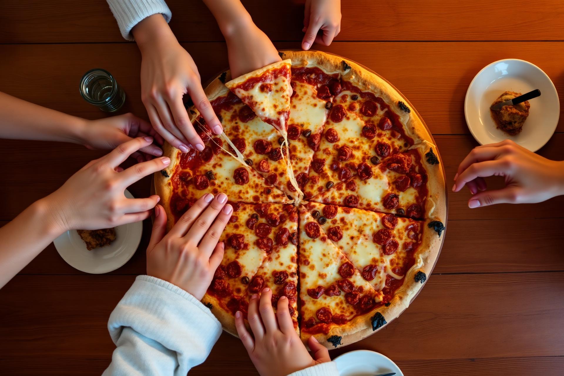 Family hands reaching for slices of pizza